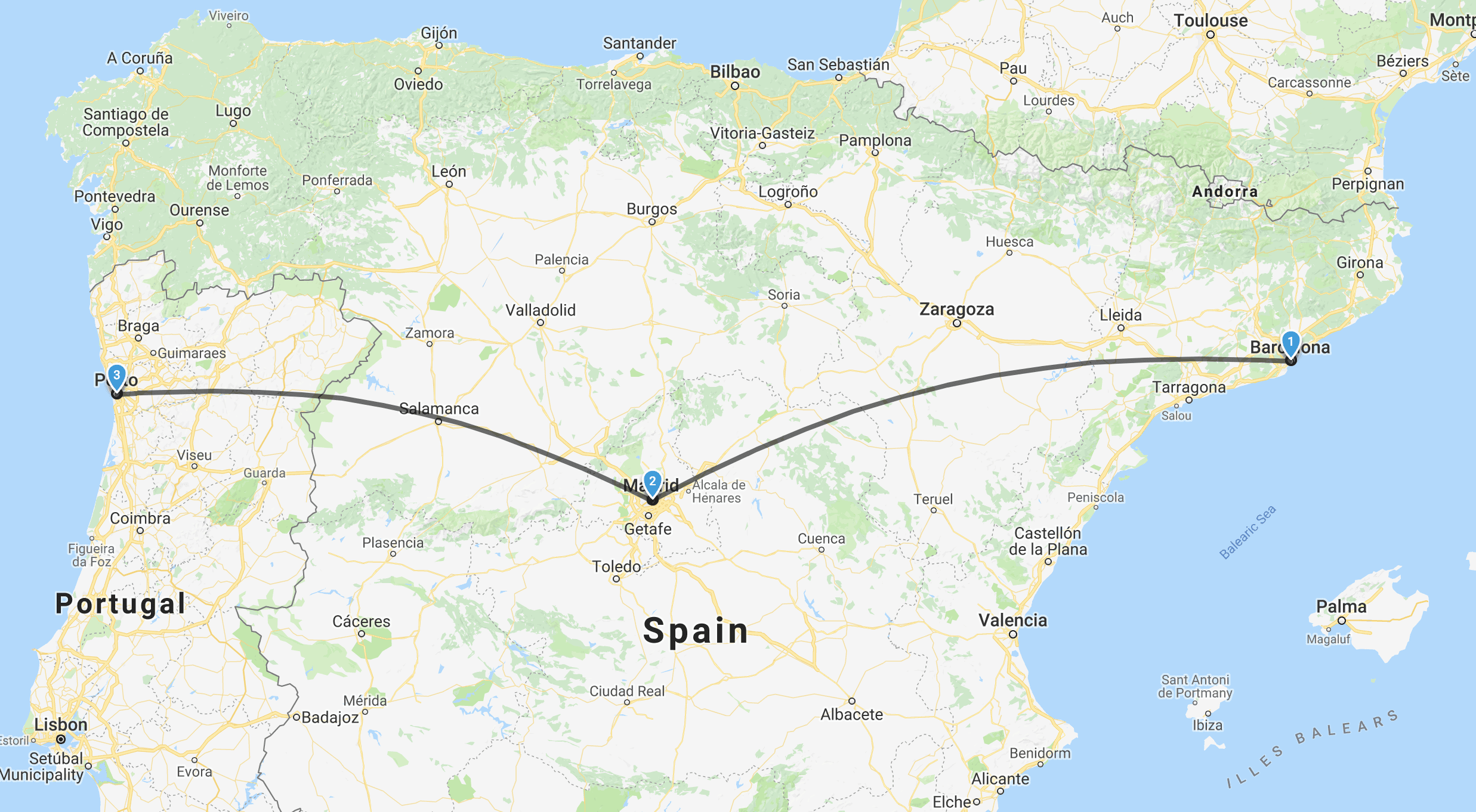 Map showing Spain and Portugal and a line linking Barcelona to Madrid and Porto